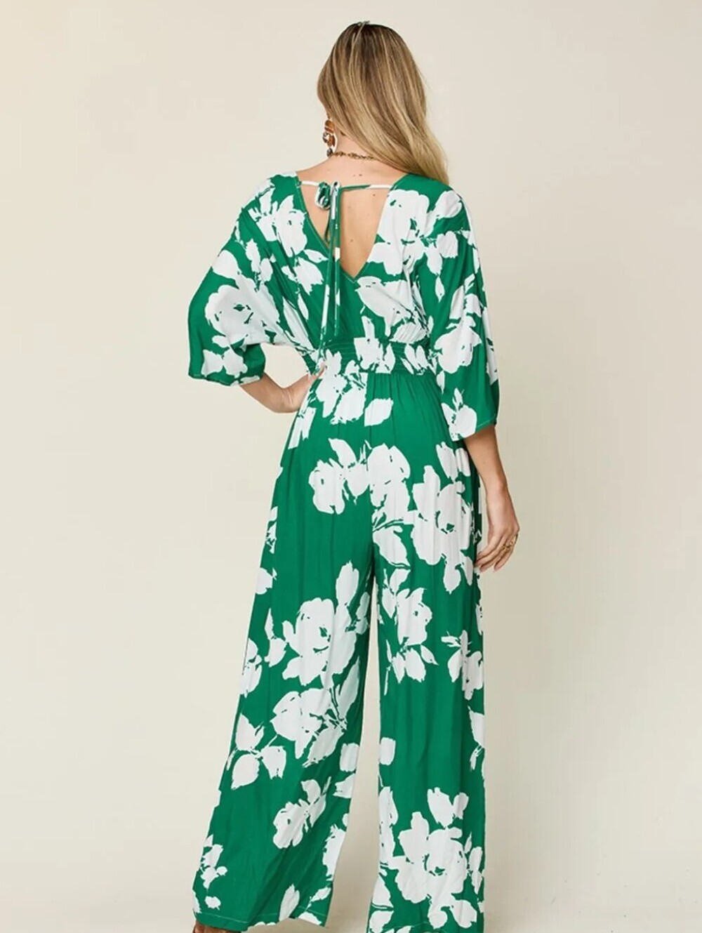 Double Take Full Size Printed Tie Back Wideleg Green Wht Jumpsuit Multiple Sizes - Picture 5 of 5